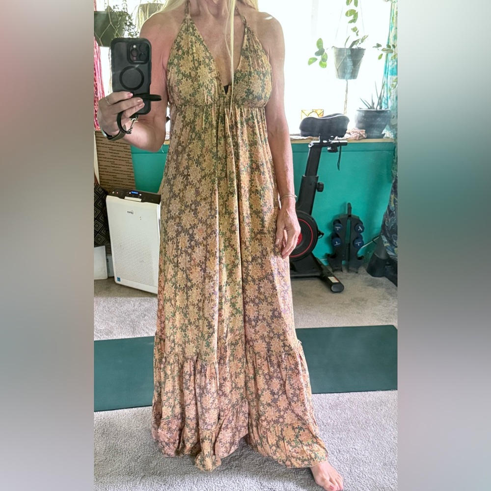 Karma Highway Boutique Floral Halter Maxi Dress in Yellow and Green